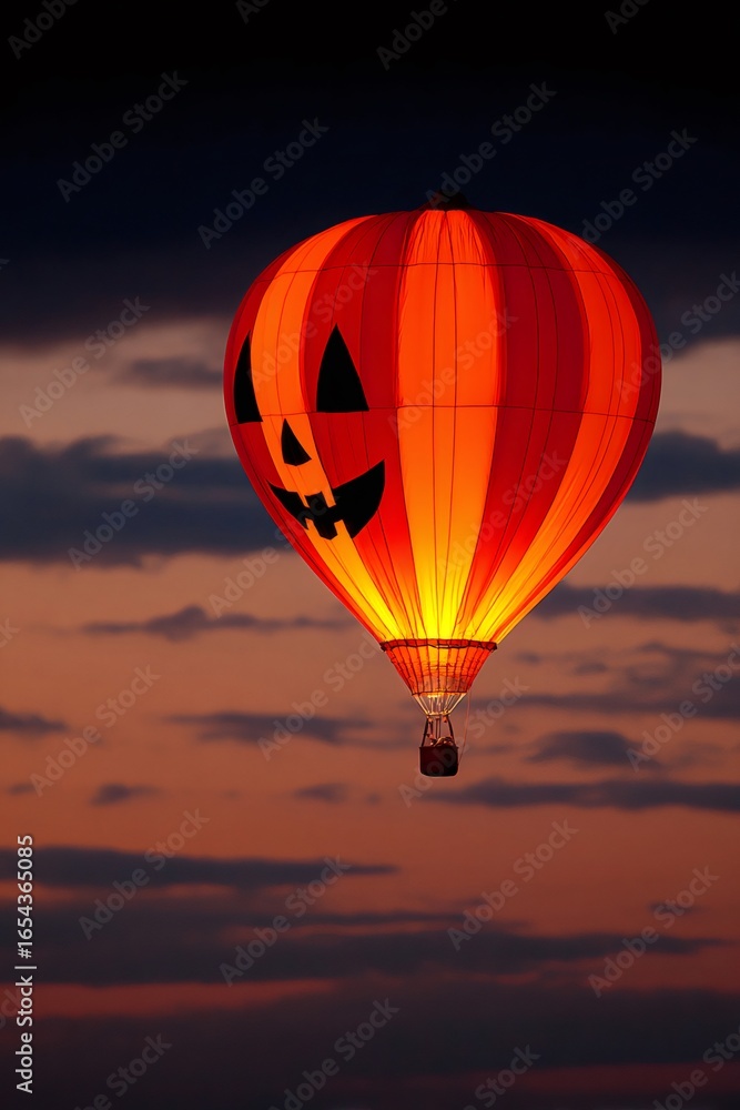 Obraz premium Halloween hot air balloon gliding across twilight sky, pumpkin faced design capturing seasonal whimsy and autumnal magic