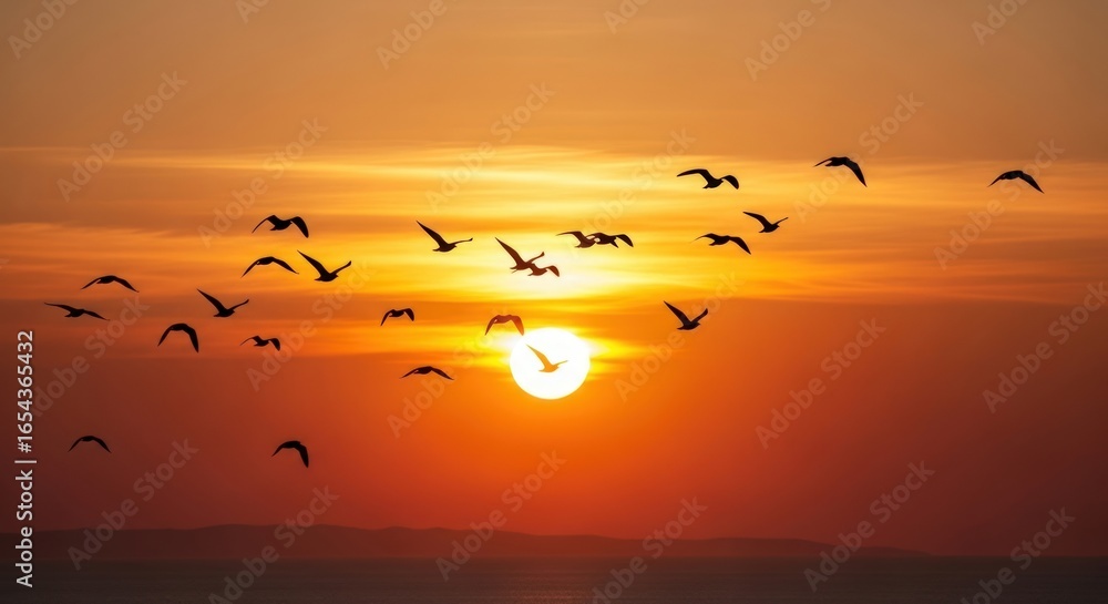 Obraz premium A flock of birds soars gracefully against the backdrop of a vibrant sunset, creating a serene and picturesque moment of freedom and natural beauty