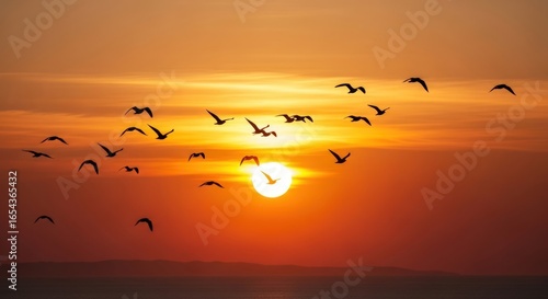 A flock of birds soars gracefully against the backdrop of a vibrant sunset  creating a serene and picturesque moment of freedom and natural beauty
