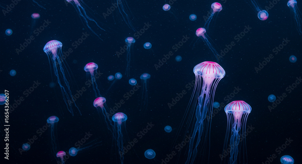 Naklejka premium A vibrant group of jellyfish swim in the deep, dark ocean, their translucent bodies illuminated with a soft pink glow.