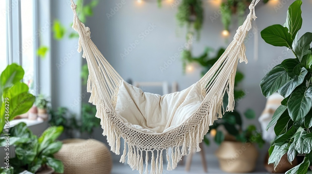 Fototapeta premium Cozy cream hammock, surrounded by greenery