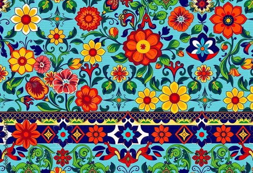 Vibrant Talavera Puebla floral & geometric pattern in repeating horizontal seamless design,  cultural,  mexican