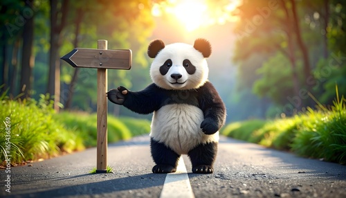 Sunrise trail panda guide — waving panda with wooden arrow sign on sunlit forest road (wayfinding mockup)