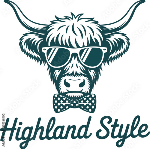 Illustration of a highland cow wearing sunglasses and a bow tie with highland style text