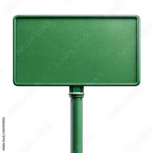 Blank green rectangular street sign on a dark post