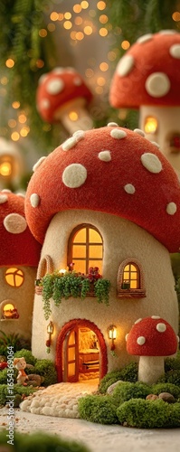 Miniature mushroom houses nestled in a fairy garden