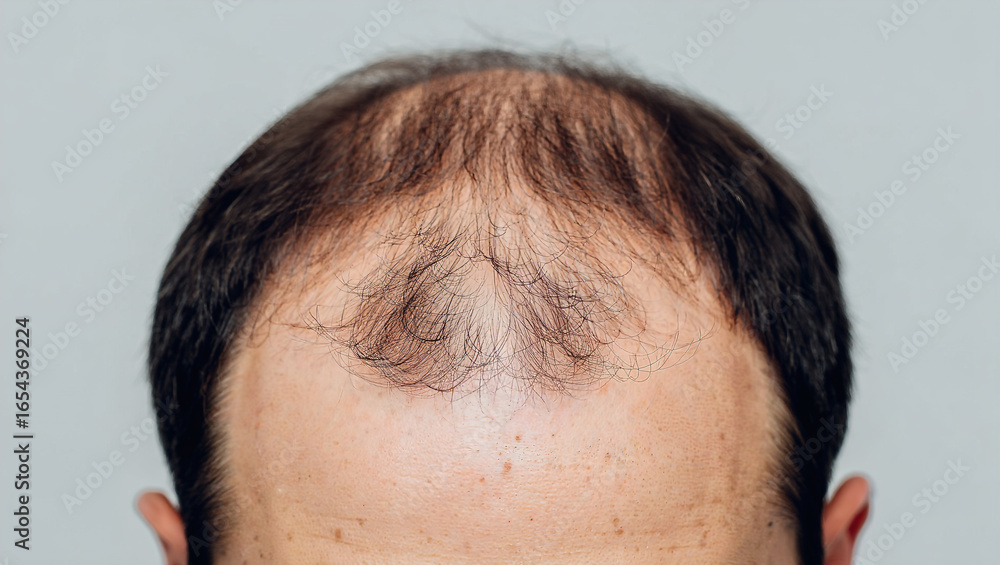 Obraz premium middle aged man looking at his bald head in the mirror, man's bald head 