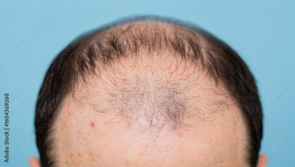 Fototapeta premium middle aged man looking at his bald head in the mirror, man's bald head 