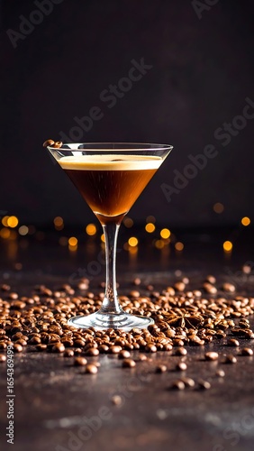 Dark cocktail in martini glass, coffee beans