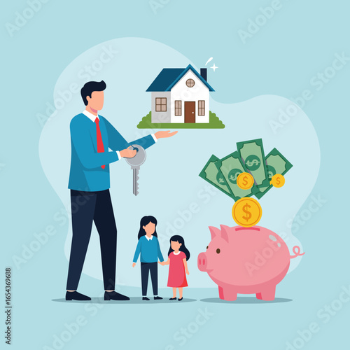 Illustration of a person holding a house key and a miniature house with a piggy bank and family in the background representing home ownership
