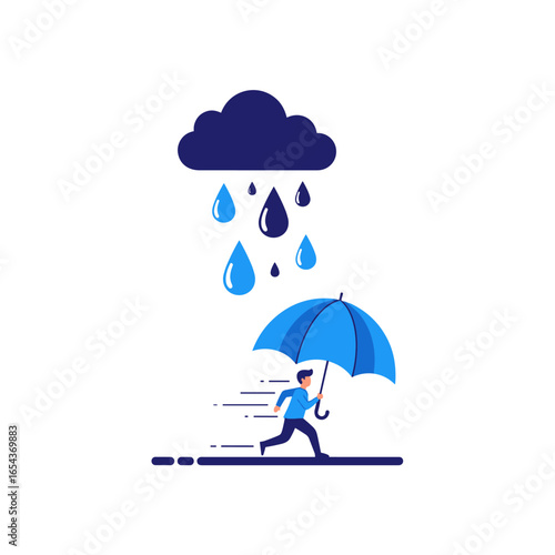 A man holding a blue umbrella runs under a dark cloud raining blue drops on a white background illustration