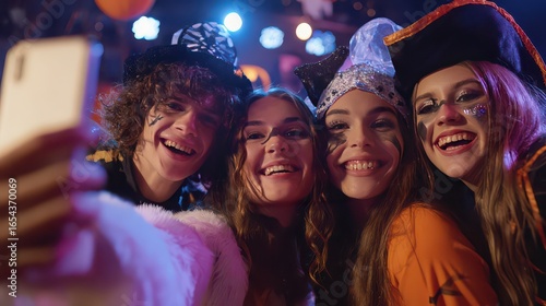 Four friends in costumes taking a selfie at a halloween party with festive lights and decorations visible