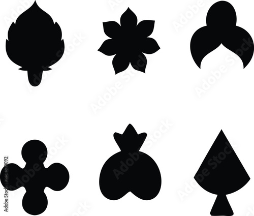 Stylized Black and White Card Suit and Botanical Silhouettes Playful Composition Decorative and Minimalist Elements