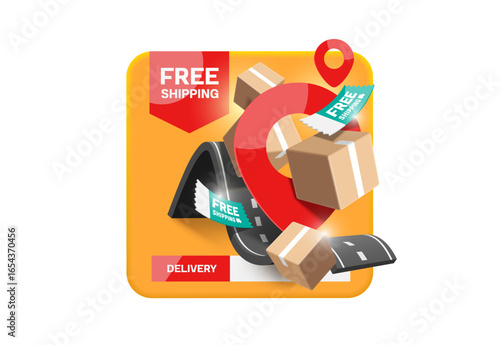 Free shipping promotional signs float in mid-air around parcels or cardboard boxes that are being sent down the road to customers based on pin location, vector 3d for e commerce, delivery concept