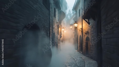 Eerie Fog Drifting Through a Narrow Medieval Street with Glowing Lanterns at Dusk
