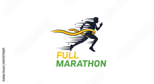 Dynamic full marathon runner crossing finish line with energy and speed