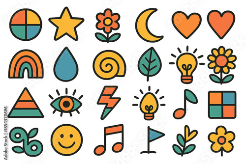 Groovy retro sticker pack. Hippie cartoon icon set. Abstract geometric shapes, nature elements. Flower, rainbow, smiley face, heart, star. 70s style vector illustration.