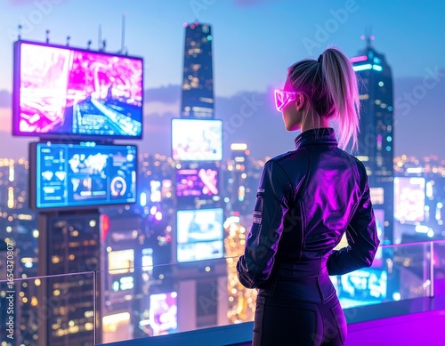 „Cyberpunk fashion and futuristic urban lifestyle with neon lights and high-tech clothing.“
