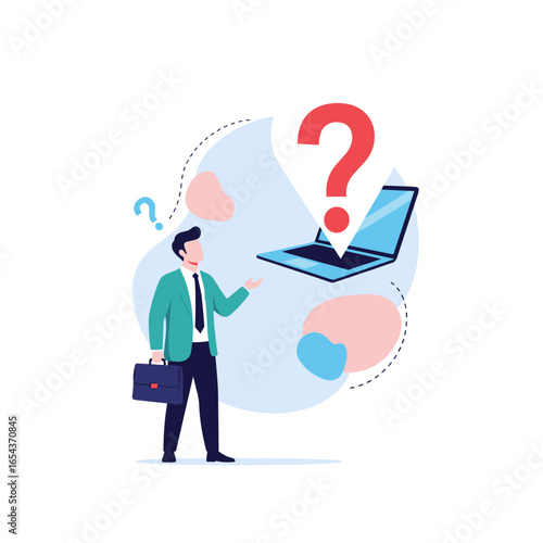 Business professional puzzled by laptop technology and seeking answers to technical queries in a digital workspace