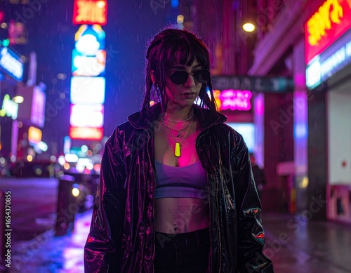 „Cyberpunk fashion and futuristic urban lifestyle with neon lights and high-tech clothing.“