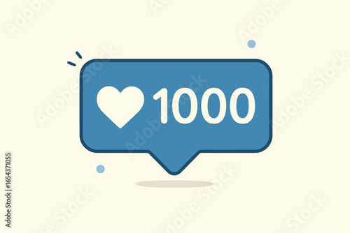 1000 likes social media notification. Blue bubble with heart symbol and counter. Concept of follower success, community engagement, and appreciation. Flat vector illustration.