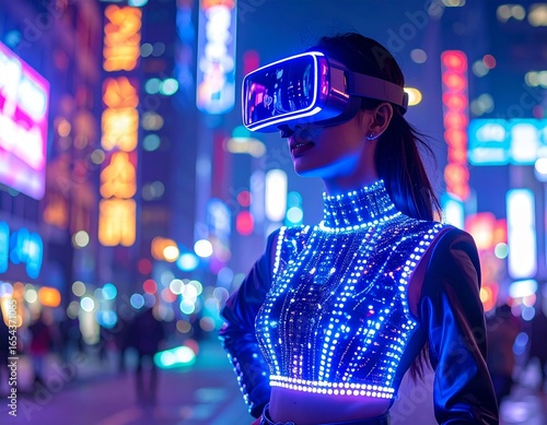 „Cyberpunk fashion and futuristic urban lifestyle with neon lights and high-tech clothing.“