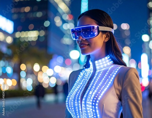„Cyberpunk fashion and futuristic urban lifestyle with neon lights and high-tech clothing.“