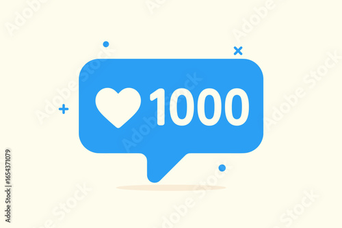 Social media 1000 likes notification with heart icon. Blue speech bubble for web and app design. Follower count, user engagement, online success, and popularity concept vector.