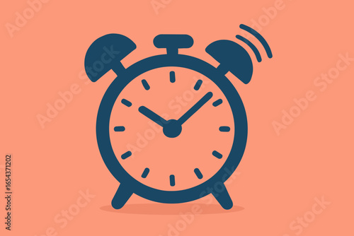 Alarm clock vector illustration in flat design. Ringing wake-up clock icon on a coral background. Concept of morning, time management, deadline, and schedule. Simple cartoon.