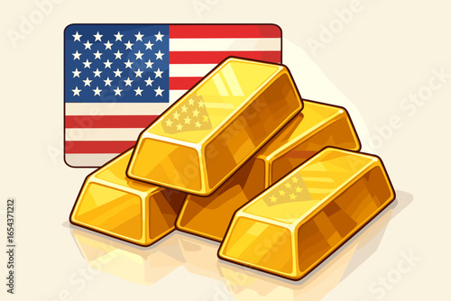 American gold bars vector illustration. Golden ingots with reflection of the USA flag. USA gold reserve concept. Finance, banking, investment and economy symbol. Wealth icon.
