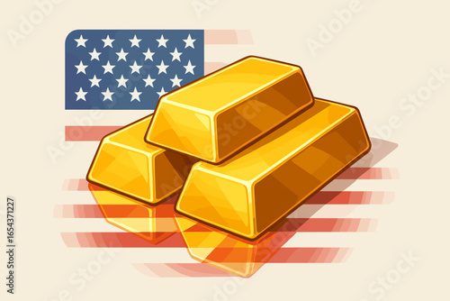 American gold bars vector concept. Golden ingots with USA flag reflection. United States national treasury, federal reserve, and economy. Finance, wealth, banking asset.