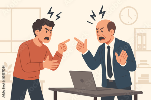 Argument in office. Two angry men having a heated dispute. Young employee and senior manager in conflict. Generational disagreement, workplace stress, confrontation concept.