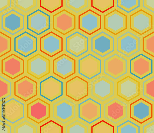 Tileable hexagon pattern. Hexagon mosaic background with inner solid cells. Large honeycomb cells. Multiple tones color palette. Seamless pattern. Tileable vector illustration.