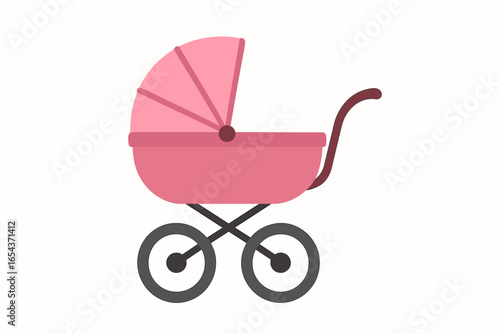 Pink baby stroller for a girl. Vector illustration of a pram or baby buggy. Flat design icon for newborn, childcare, motherhood concepts. Isolated cartoon graphic element.