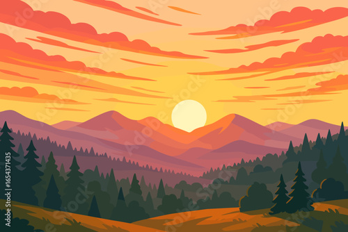 Vector landscape with mountains, forest, and sun. Beautiful nature scenery at sunrise or sunset. Colorful sky with clouds. Morning view for travel and adventure. Flat illustration.