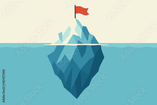 Iceberg model business metaphor. Success is only the tip. Hidden underwater part represents hard work, process, and struggle. Goal achievement with flag. Vector concept.