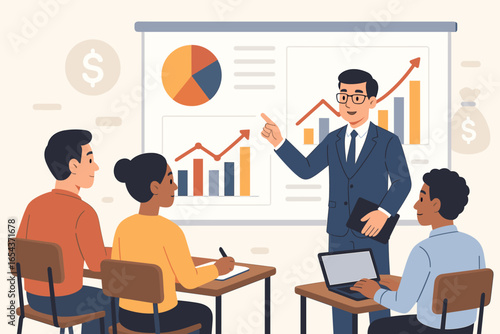 Business presentation with manager explaining financial strategy. Corporate training course with a coach teaching students about marketing analysis and investment growth concept.