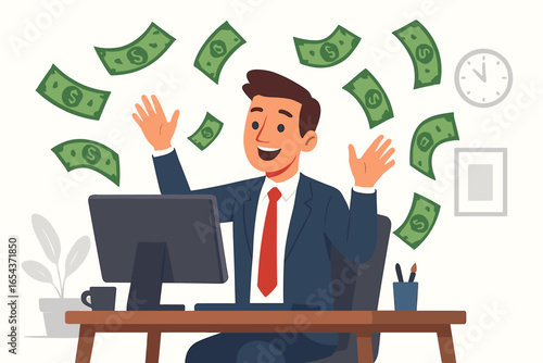 Happy businessman making money online at his office desk with a computer. Successful entrepreneur celebrating financial profit, income, salary, and wealth as cash rains down.