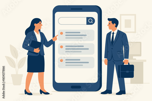 Business people online web search concept. Man and woman team in office looking at search results on a giant mobile phone screen. SEO, data analysis, market research vector.