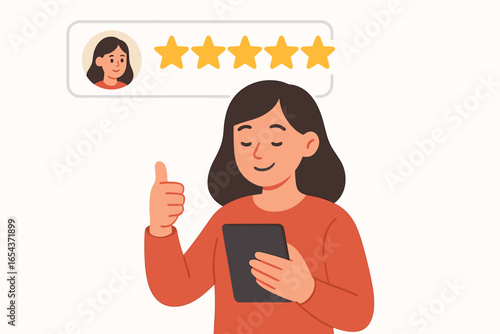 Customer review 5 stars. Woman with tablet giving positive feedback. Thumbs up for best service quality. User experience rating concept. Excellent satisfaction survey.