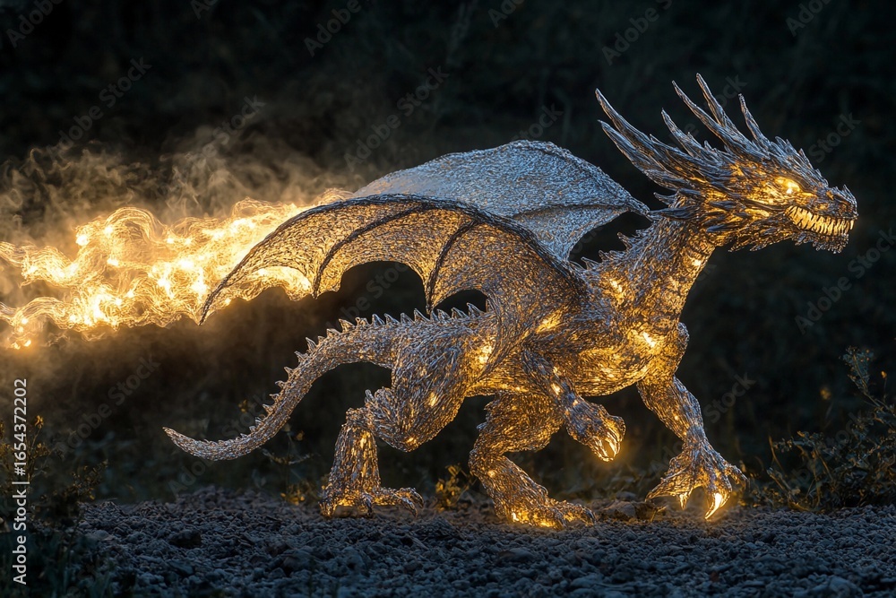 Fototapeta premium Majestic dragon illuminates the night sky with waves of light, transforming darkness into radiant day