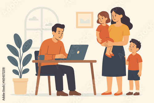 Work from home concept. Busy father working on laptop in home office. Man ignoring family, wife and children waiting. Workaholic dad. Work-life balance issue. Flat vector.