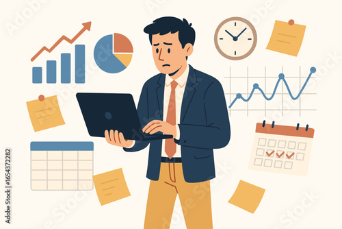 Busy man stressed with work overload, holding laptop. Data analysis, charts, graphs, calendar, schedule. Time management, deadline pressure, business productivity concept.