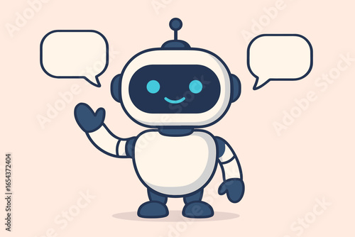 Chatbot vector character illustration. Cute AI robot waving with speech bubbles. Virtual assistant for customer service and support. Concept for online help and technology.