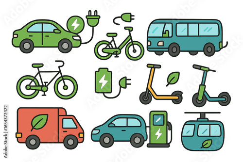 Collection of electric vehicle icons representing sustainable transport solutions. Includes EV car, e-bike, scooter, bus, and delivery van. Eco-friendly green energy concept.