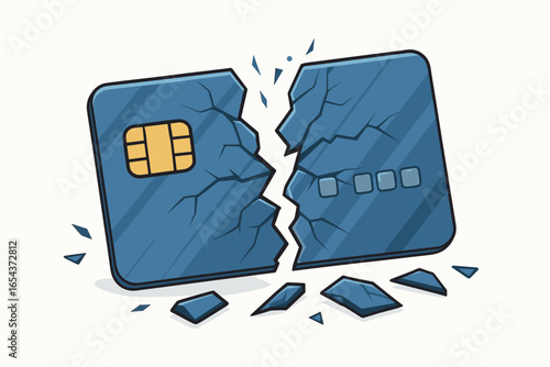 Broken credit card vector illustration. Destroying, cracked bank card concept. Financial crisis, debt, bankruptcy, and payment problems metaphor. Cartoon style isolated.