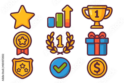 Gamification icon set for game UI. Achievement and reward symbols. Winner trophy, medal, star, first place laurel wreath. Progress bar and level up arrow. Vector elements.