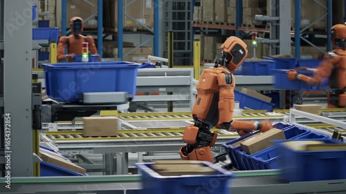 3D Animation: Time-lapse of Autonomous AI-Enabled Humanoid Robot Works at Fulfillment Center, Moving and Sorting Packages. Automated Logistics Center. Human Like Robots Work in Industrial Environment