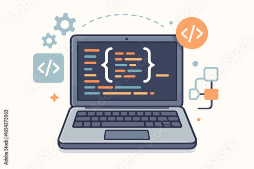 Computer programming concept. Laptop with code on screen, web development and software engineering. App development, coding, scripting, technology IT vector illustration.
