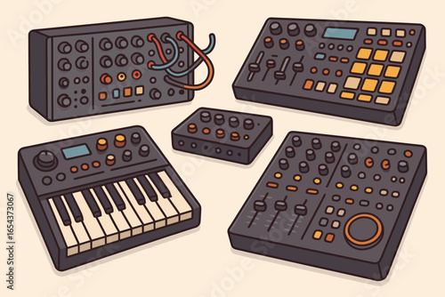Electronic music equipment. Set of instruments for production. Synthesizer, drum machine, mixing table, modular synth. For creating techno, house, electronica, and dubstep music.